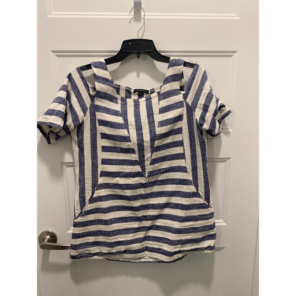 Summer classic Blue White Striped Linen Cotton Cold Shoulder Pocket Top Womens L - Picture 2 of 5